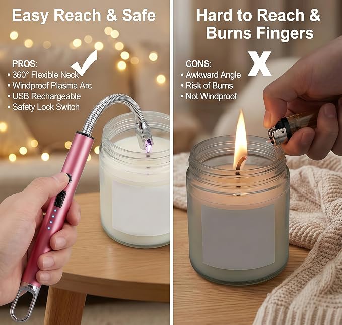 Castelar Electric Candle Lighter with Long Flexible Neck, USB Rechargeable Arc Lighter with Safety Lock for Candle, BBQ, Camping, Housewarming, and Birthday Gifts