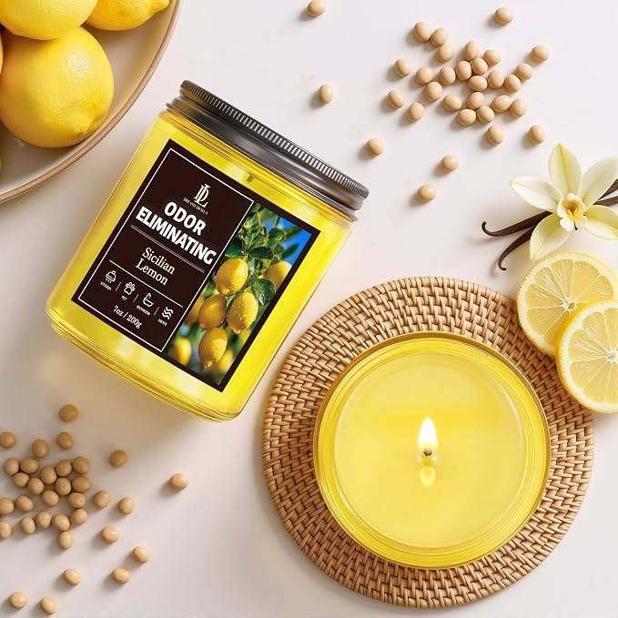 Sicilian Lemon Odor Eliminating Highly Fragranced Candle, Eliminates 95% of Kitchen Grease & Pet Odors Quickly, Air Freshing Scented Candles, Soy Candle Gifts for Women Men, 7oz