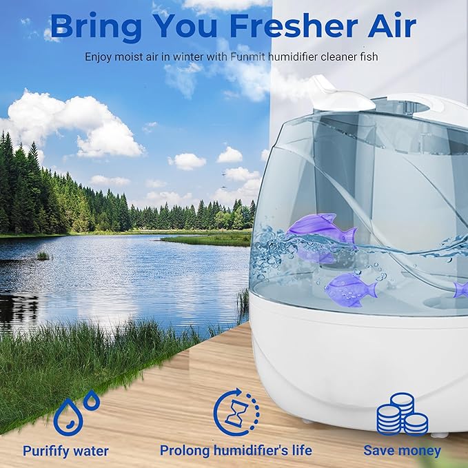 Funmit Humidifier Cleaning Fish, 6 Pack Humidifier Cleaner for Humidifiers and Fish Tanks, Purifies Water, Prevents Hard Water Build-Up, Reduces Scale, Purple