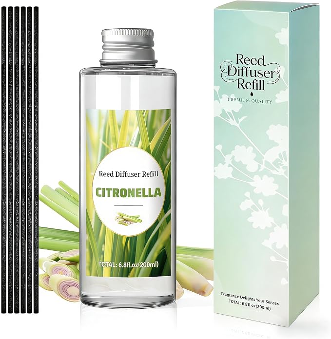 STRN Citronella Reed Diffuser Oil Refill, Lemongrass Scent 200ML(6.8fl.oz) with 6 Sticks, Air Freshener Long-Lasting Aromatherapy Reed Diffuser Set for Summer Home, Bedroom, Spa, Bathroom