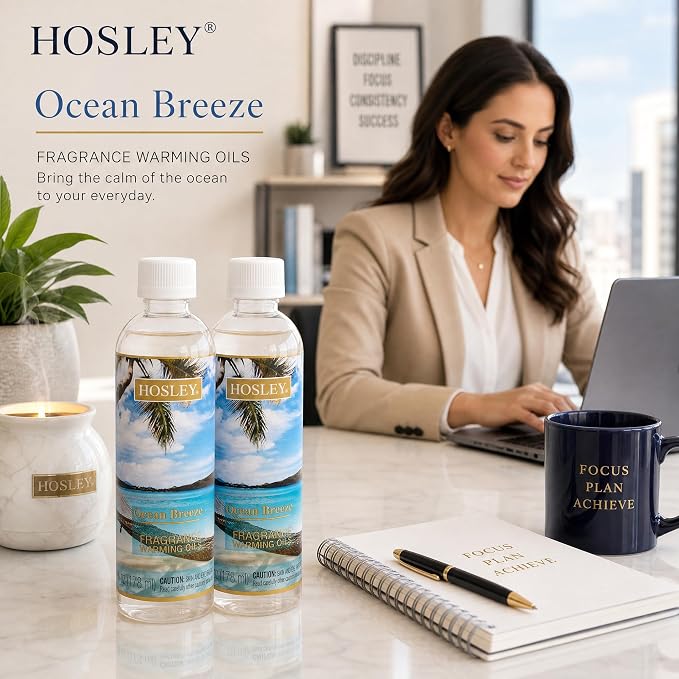 Hosley Set of 2 Ocean Breeze Fragrance Warming Oils 6 Ounce. Ideal for spa Meditation Bathroom Settings
