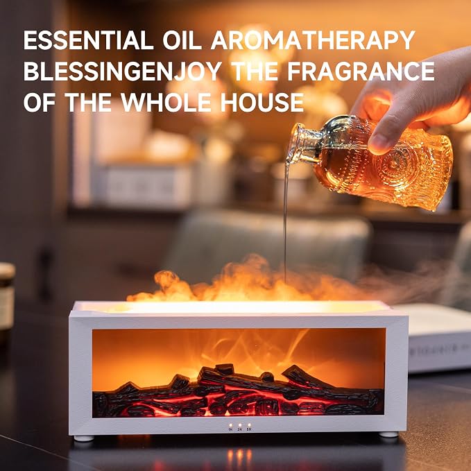 TMEHM Fireplace Flame Air Diffuser Humidifier,7 Colors Aromatherapy Essential Oil Diffuser,Ultrasonic Aroma Humidifier with Timer for Home,Bedroom,Office,Yoga (White, L)