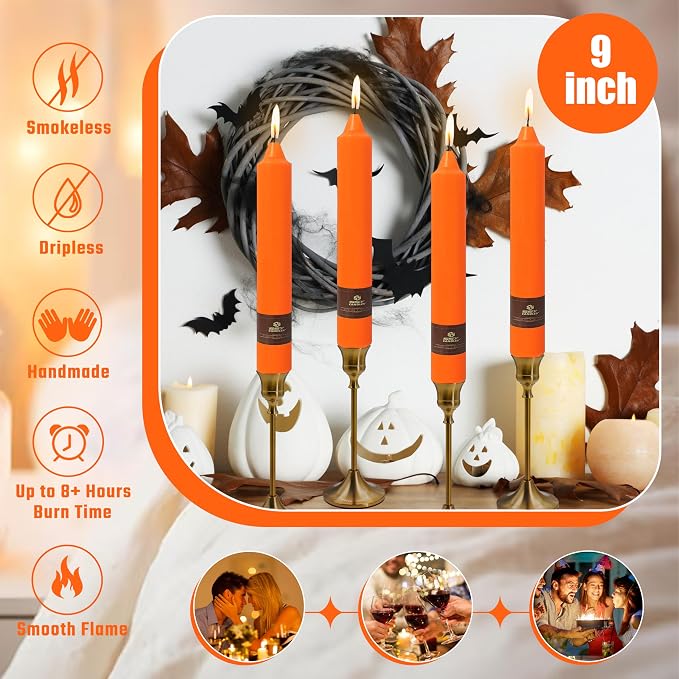 Orange Candle 9 Inch Tall Smokeless Taper Candles 4 Pack Unscented Candle for Christmas Dinner Halloween Thanksgiving Day Household Décor Candlesticks