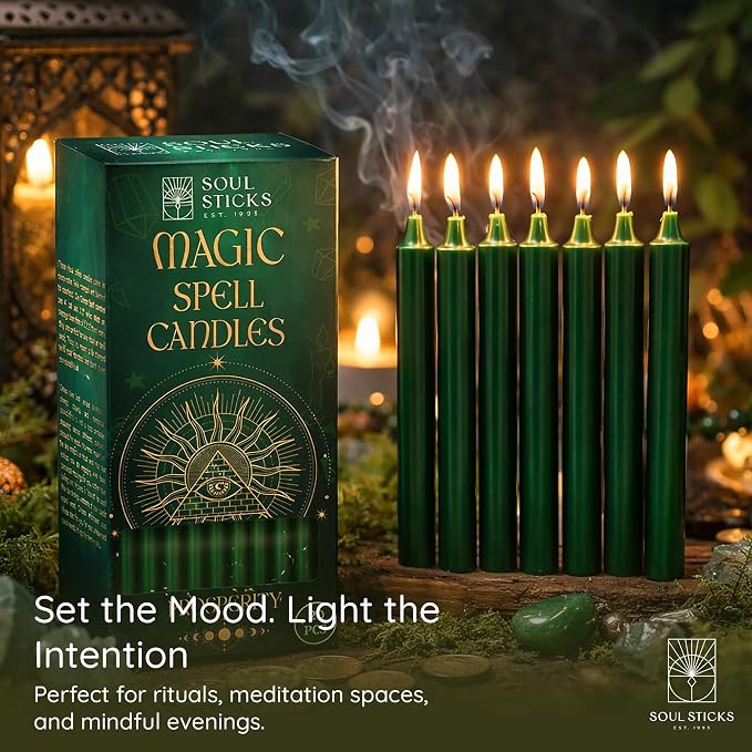 SOUL STICKS Prosperity Magic Spell Chime Taper Candles 20 Pack - Ideal for Altar, Rituals, Ceremonies, Meditation Green Unscented Candle Sticks for Witchcraft Supplies, Wiccan Supplies and Tools