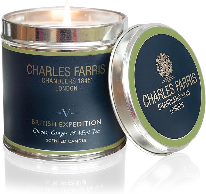 Charles Farris Luxury Scented Candle – Tin, Hand-Poured, Long Lasting, Clean Burning, 300g / 10.5oz, Burns for up to 40 Hours, Made in England – Cloves, Tobacco & Mint Tea – British Expedition