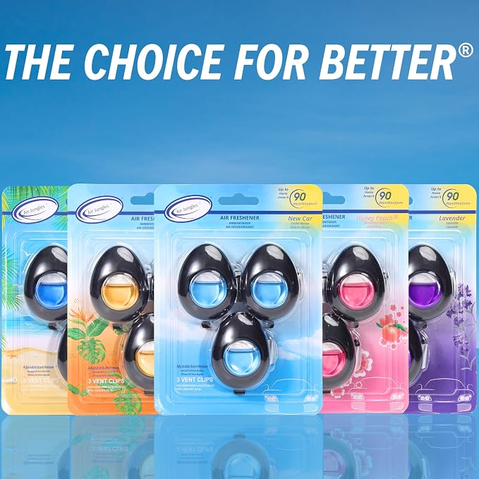 Air Jungles Car Air Freshener Vent Clip 3 Count, New Car Scent, 4 ml Each, Long-Lasting Car Odor Eliminator, Easy Clip-On, Up to 90 Days Freshness for Cars, Trucks, and SUVs