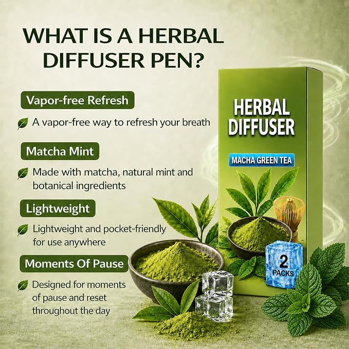 Herbal Diffuser Pen 2 Pack, Macha Green Tea & Mint Personal Aroma Stick, Portable Scent Stick with PCTG Tip & 304 Stainless Steel Tube, Pocket Fresh Aroma Pen for Office, Travel, Gym & Daily Use
