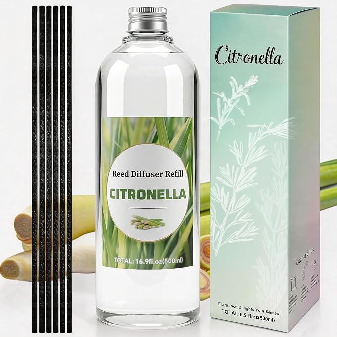 STRN Citronella Reed Diffuser Set, Lemongrass Diffuser Oil Refill, with 6 Sticks 500ML(16.9fl.oz), Room Fresheners for Home, Long-Lasting Scented Fragrance for Summer, Living Room, Bedroom, Office