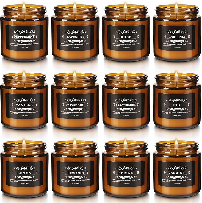 Scented Candle Set 12 Pack, Candle for Home Scented, Odor Eliminating, Stress Relief, Long Lasting Soy Wax Gift Set