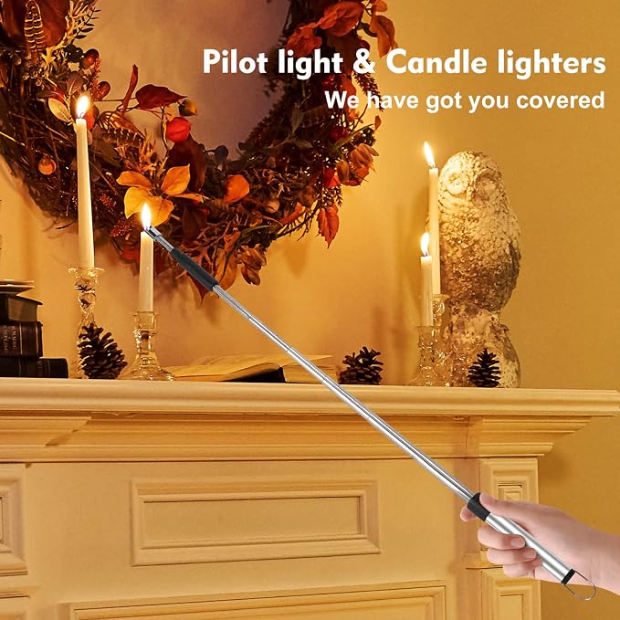 Candle Arc Lighters Long Flexible Neck 70cm Rechargeable Telescopic Electric Flameless Lighter for Kitchen Fireplace Pilot Light BBQ Stove (Silver)