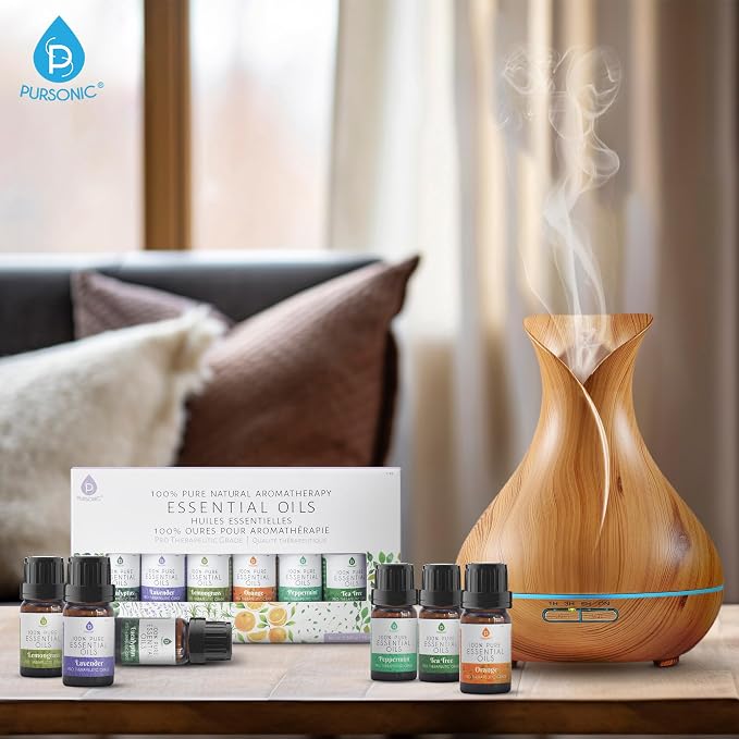 Pursonic Essential Oils Set - Top 6 Aromatherapy Blends Gift Set - 10ml 100% Pure Essential Oils for Diffusers, Home, Massage, & Bath (Eucalyptus,Lavender,Lemongrass,Orange,Peppermint,Tea Tree)