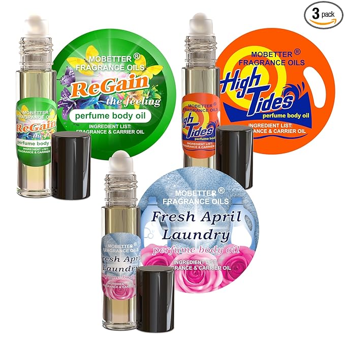 MOBETTER FRAGRANCE OILS Laundry Day Body Oil Perfume Set, Regain, High Tides, & Fresh April Roll on