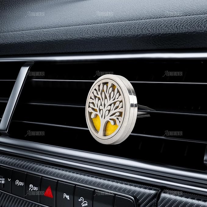 AUEAR, Tree of Life Car Diffuser Vent Clips Aromatherapy Essential Oil Diffusers 30mm Stainless Steel Lockets with 10 Felt Refill Pads
