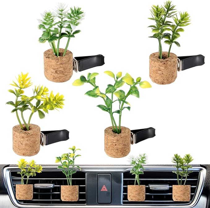 4 Piece Cute Succulents Car Air Freshener Vent Clip Car Plant Vent Decor Essential Oil Diffuser Artificial Plant Accessory