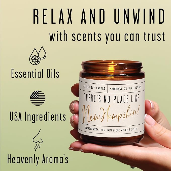 New Hampshire Gifts, New Hampshire Decor for Home - 'There's No Place Like New Hampshire Candle, w/McIntosh Apple & Spice I New Hampshire Souvenirs State Gifts I 9oz Jar, 50Hr Burn, USA Made
