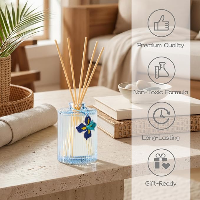 COCORRÍNA Reed Diffuser, Blue Iris Scent Flower Diffuser, 6.09 fl oz, 8 Reeds, Long-Lasting Home Fragrance, Bathroom Bedroom Shelf Decor & Gifts