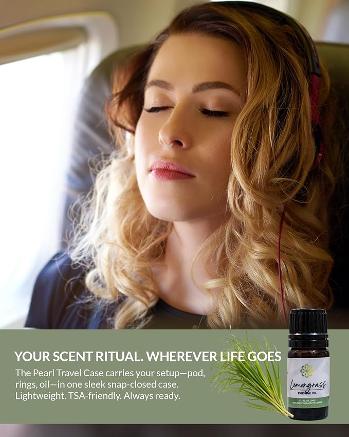 Essence Pearl Travel Case | Lemongrass Essential Oil | Aromatherapy Nasal Diffuser & Essential Oil Carrying Case | Refreshing Lemongrass Scent | Travel-Friendly Kit | White Pod