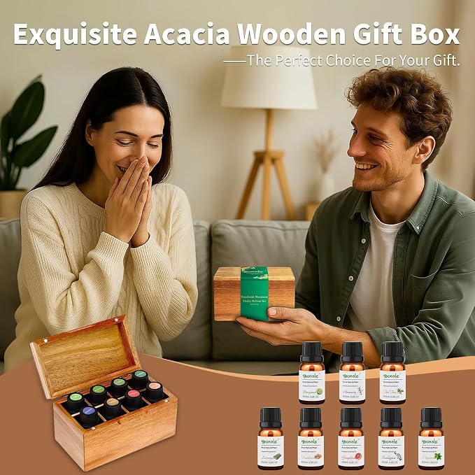 Essential Oils Set Acacia Wood Gift Box - Uplift, Energize, Refresh, Top 8 Aromatherapy Oils for Diffuser Hotel Scent Home Fragrance Candle Making Grapefruit, Peppermint & More 10ml