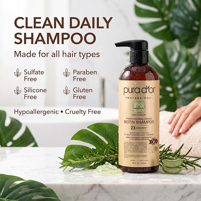 PURA D'OR Clinically Formulated Biotin Shampoo - Daily Hair Care Routine For Thinning Hair - 2X Concentrated 17+ Key Herbal Blend Hair Thickening Products For Women & Men, Botanical Zen Scent 16 Fl Oz