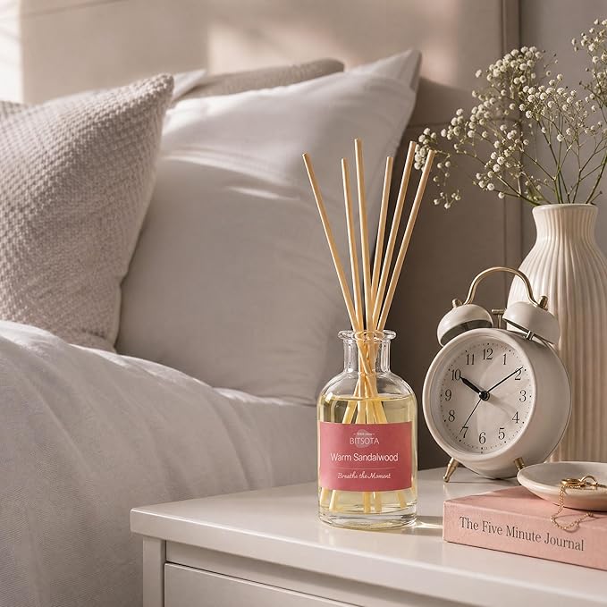 Natural Reed Diffuser Set, Warm Sandalwood 3.52 oz (100ml) Scented Diffuser with Sticks Home Fragrance Reed Diffuser for Bathroom Shelf Decor, Ideal Gift for Woman
