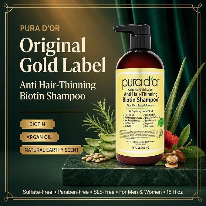 PURA D'OR Original Gold Label Anti-Thinning Shampoo - CLINICALLY TESTED - Biotin & Argan Oil – Sulfate-Free Strengthening & Volumizing for Fuller-Looking Hair, Men & Women, Natural Earthy Scent 16 oz