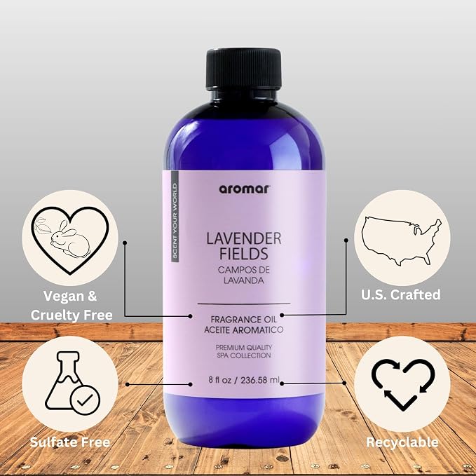 AROMAR Premium Fragrance Oil, Long-Lasting, Refreshing Uplifting Aroma for Aromatherapy, Relaxation & Household Uses. Lavender Fields - 8oz
