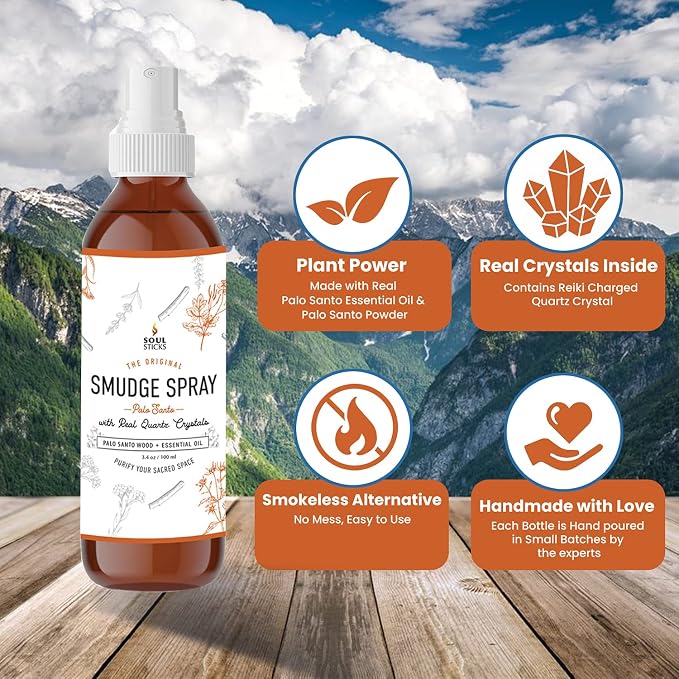 SOUL STICKS Palo Santo Smudge Spray – 3.5oz Smokeless Energy Mist with Quartz Crystals – Non-Toxic Cleansing Spray for Room, Meditation, Travel, Spiritual Rituals & Aura Purification