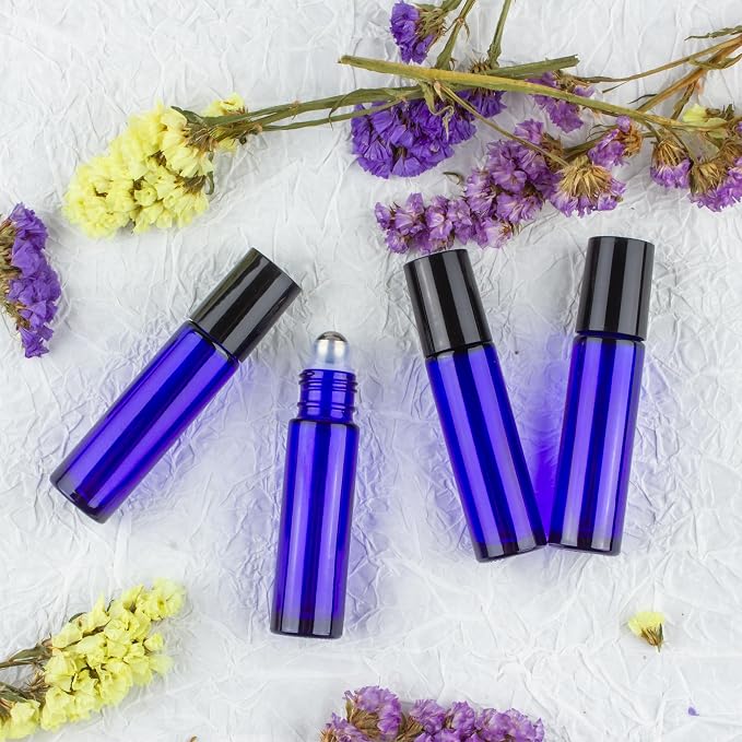 10ml Roller Bottles for Essential Oils, 6 Pack Cobalt Blue Thick Glass Bottles with Stainless Steel Roller Balls and 2 Droppers