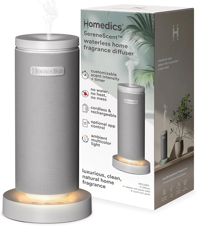 Homedics SereneScent Mini Fabric Rechargeable Waterless Diffuser, Cordless Aromatherapy Device, Use with SereneScent Oil 15ml (Sold Separately), Adjustable Mist Intensity & Ambient Light, Gray