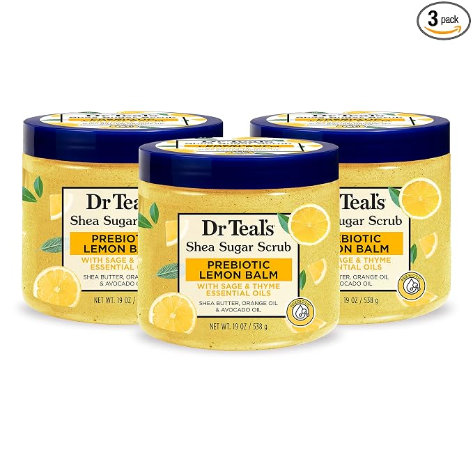 Dr Teal's Shea Sugar Scrub, Prebiotic Lemon Balm, 19 oz (Pack of 3)