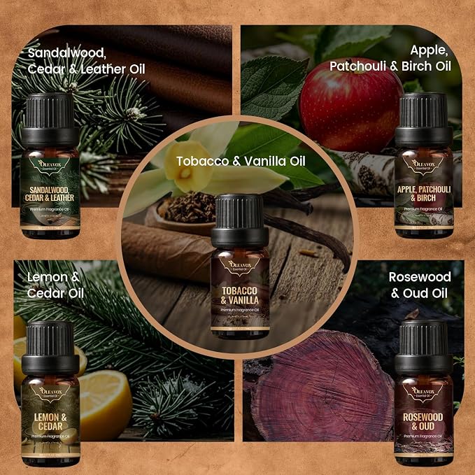 Men Essential Oils Set, Gift for Father, Masculine Fragrance Oils Blends for Diffuser, Candle & Soap Making, Car Diffuser Scents, Sandalwood Cedar&Leather, Tobacco&Vanilla More 10x5ml