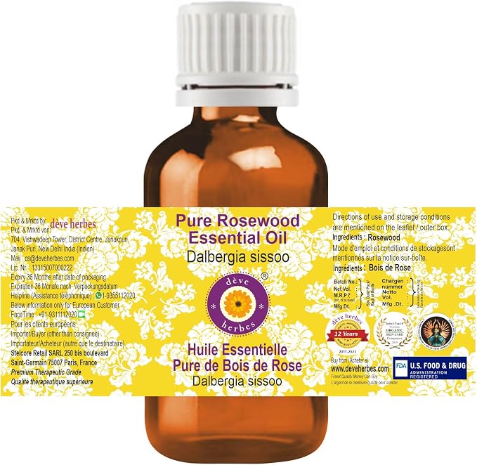 dève herbes Rosewood Essential Oil (Dalbergia Sissoo) Pure | Non-Sticky | Non-Greasy | Lightweight | Men & Women | All Skin Types | Steam Distilled 100ml (3.38 oz)
