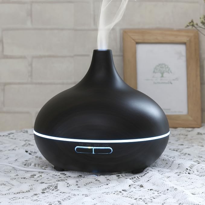 EcoGecko Dark Wood Grain Look Essential Oil Diffuser, Ultrasonic Diffusing Cool Mist Humidifier with Timers for Office Home Bedroom Baby Room Study Yoga Spa, with Timer and 7 Color Night Light
