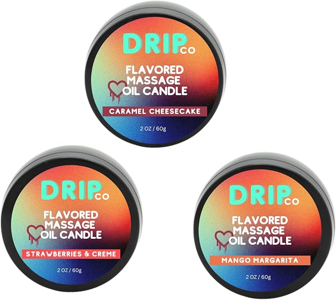Drip Co Massage Candle - Soy Wax Aromatherapy Candle for Relax Oil Therapy, TikTok Trend, Scented Candles, Spa Essentials - 6 OZ Variety Pack (Caramel Cheesecake, Mango Marg, Strawberries & Creme)