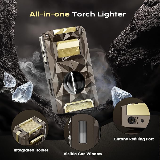All-in-one Butane Torch Lighter with Cutter, Punch, Holder, Draw Enhancer Tool, and Triple Windproof Flame, Refillable Butane Lighters with Gift Box for Men, Cool Lighters for Outdoor, Candle
