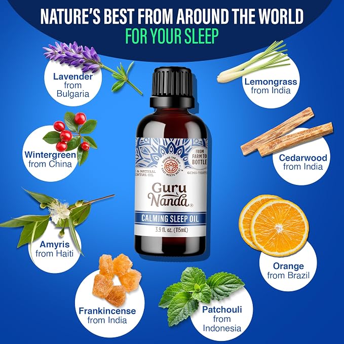 GuruNanda Calming Sleep Essential Oil, Blend of 100% Natural, Pure & Undiluted Essential Oils, Promote Relaxation, Calmness & Restful Sleep, 3.9 fl oz