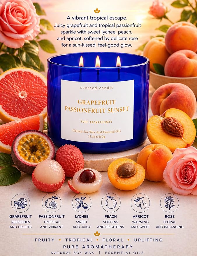 Grapefruit Passionfruit Sunset Scented Soy Candle | Large 3 Wick Candle for Home, 15.8 oz | Sweet Tropical & Fruity Candle | Summer Candles for Women & Men | Birthday Gifts for Women & Her