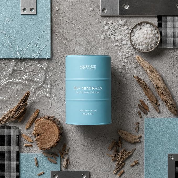 M&SENSE Sea Minerals Scented Candles Ocean Large,21.2 oz | Natural Soy, 21.2oz, 120 Hour Slow Burning, Stress Relief Meditation Relaxing