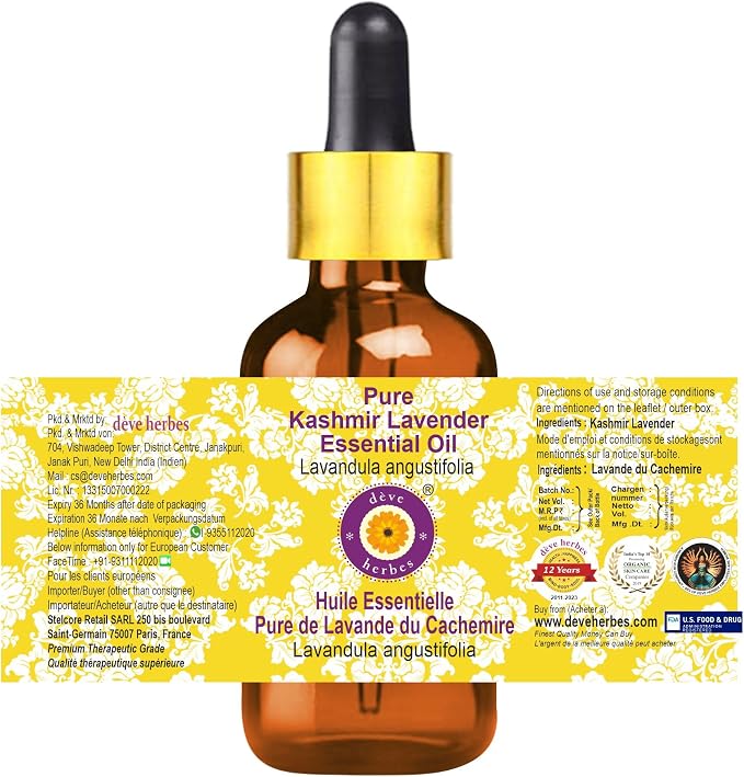 Deve Herbes Pure Kashmir Lavender Essential Oil (Lavandula angustifolia) with Glass Dropper Steam Distilled 10ml (0.33 oz)
