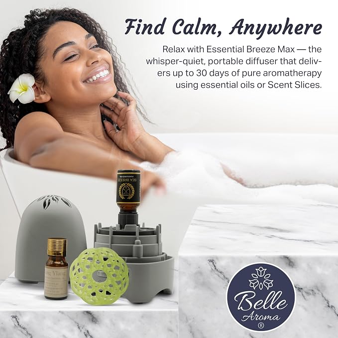 Belle Aroma Essential Breeze Max Aromatherapy Fan – Upgraded Dry Diffuser for Essential Oils or EVA Inserts – Battery or USB Powered – 30-Day Scent – No Water – for Desk, Travel, or Car - Linen