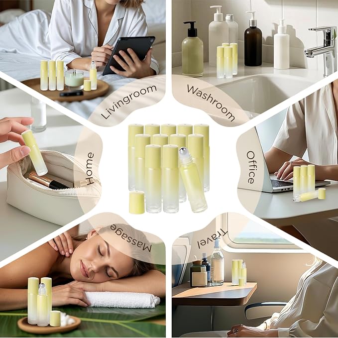 SESENSE Essential Oil Roller Bottles, 10ml Thick Glass Perfume Roller Bottles with Funnel Opener and Dropper Colored Glass Empty Bottles with Stainless Steel Roller Balls (Yellow, 12 Pack)
