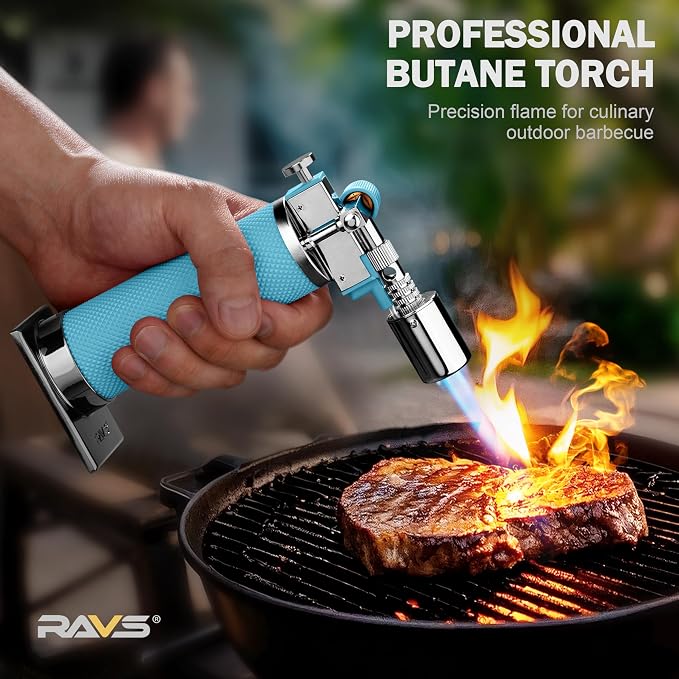 RAVS Butane Torch Lighter, Refillable Kitchen Torch with Adjustable Flame and Safety Buckle, Premium Metal Mini Torch for Baking, Soldering, Resin Art, Blue, Butane Not Included