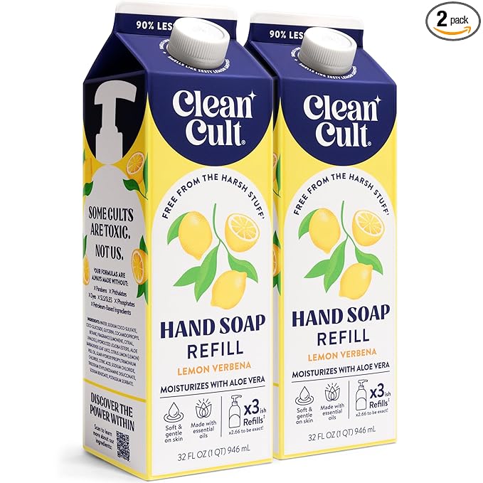 Cleancult Liquid Hand Soap Refills - Lemon Verbena - Moisturizes Dry & Sensitive Skin - Made with Aloe Vera & Essential Oils - Eco Friendly - Paper-Based Packaging - 32 oz/2 Pack