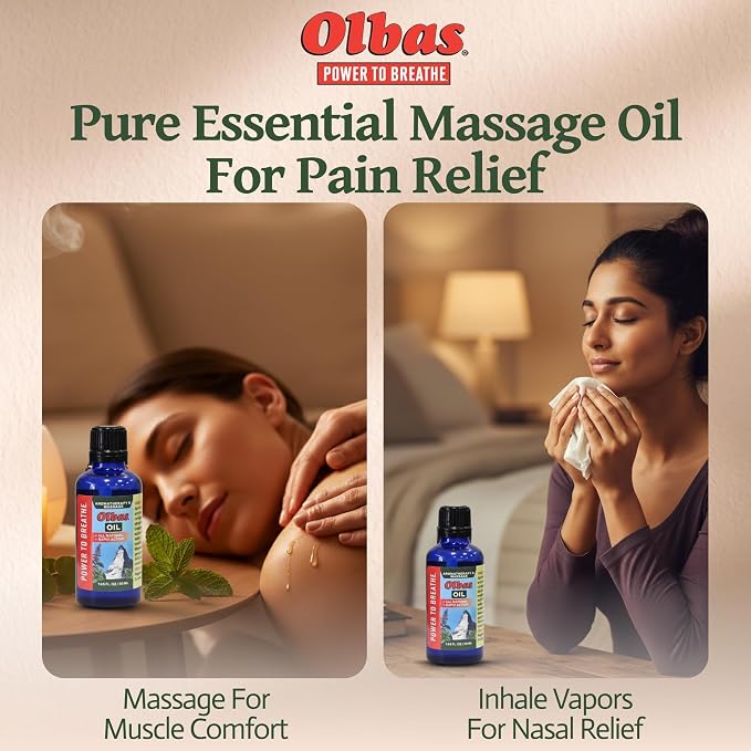 Olbas Massage and Aromatherapy Inhalant Oil Pack of 2 (0.32 Fl Oz), Body Massage Oil, Swiss Herbal Remedies with Pure Essential Massage Oils for Muscle Relaxing and Soothing Comfort for Pain Relief