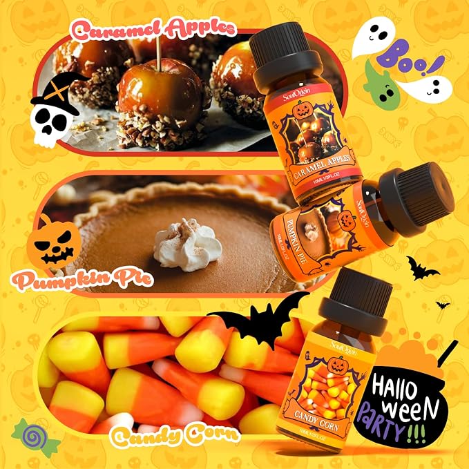 Soulorigin Halloween Fragrance Oils Set, Essential Oil for Diffuser, Diffuser Oil, Use for Soap Candle Making,Caramel Apples, Pumpkin Pie, Candy Corn, Halloween Cookies, Popcorn Balls, Snickers Bars