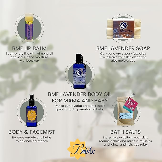 Blue Moon Elise New Mom Box, Natural Lavender Bath and Body Spa Gift Baskets for Women, New Mom Gifts for Women, Made from Pure Lavender Essential Oils, Safe for Use on Babies