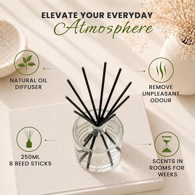 Wavertree & London Natural Lemongrass & Lemon Myrtle Scented Reed Diffusers Set - Long Lasting Aromatherapy Air Freshener Diffuser with Sticks | 250ml Scented Diffuser with 6 Months Scent Life