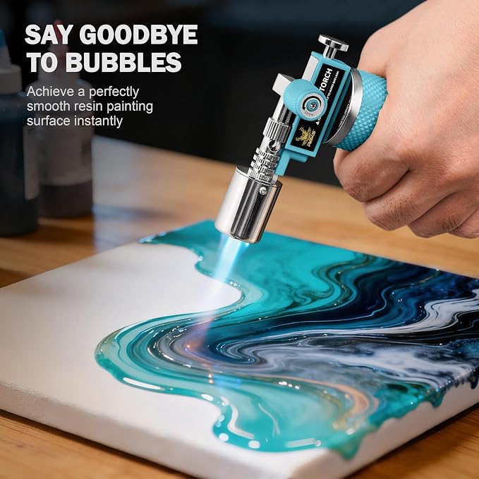 RAVS Butane Torch Lighter, Refillable Kitchen Torch with Adjustable Flame and Safety Buckle, Premium Metal Mini Torch for Baking, Soldering, Resin Art, Blue, Butane Not Included