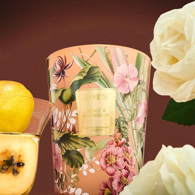 M&SENSE Peony Blush Suede Soy Candle, 35oz 3 Wick 150H Non Toxic Long Lasting, Summer Floral Bedroom Scent, Gift for Women