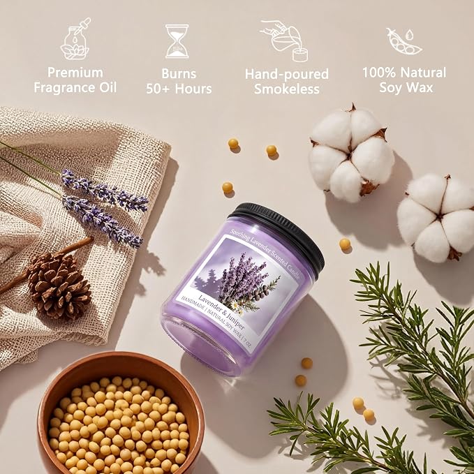 Homsolver Soothing Lavender Scented Candle, Natural Soy Candles with 50+ Hour Burn, Soft Juniper Lavender Fragrance Gift for Women, Men Friends, Everyday Use, Comfortable Spaces (Boutique Gifts Size)